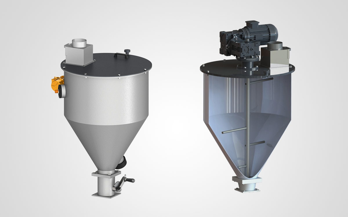 PLATEX planetary roller extruder feeding system — stainless steel hopper with spiral screw and mixer arms for metered feeding of fine powders, plasticised PVC, and WPC wood flour