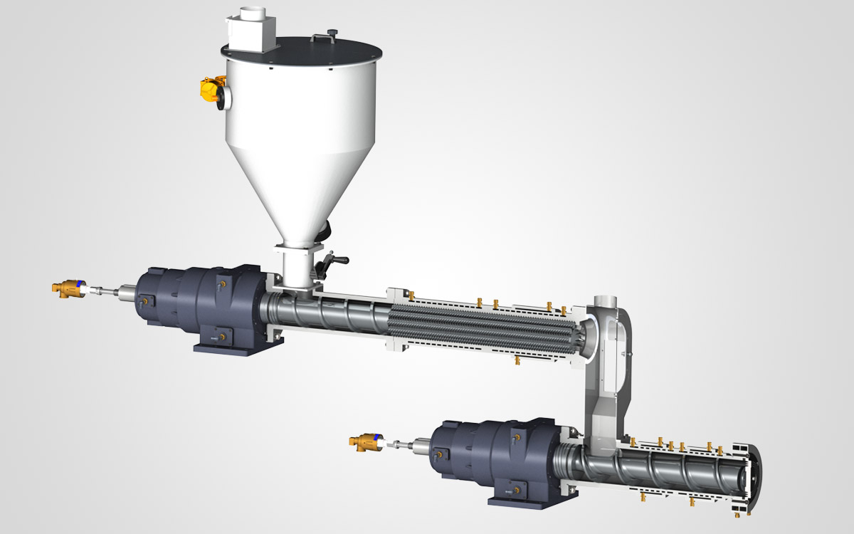 PLATEX by Takımsan planetary roller extruder — three-stage machine layout: feed zone, planetary roller zone with degassing port, and discharge unit