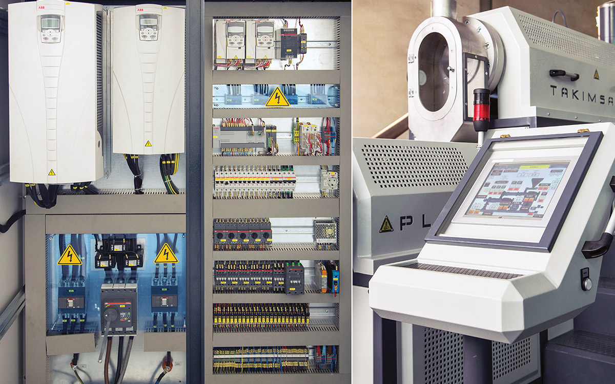 PLATEX planetary roller extruder PLC automation panel with HMI touchscreen — Siemens-based control system for remote monitoring and production data logging
