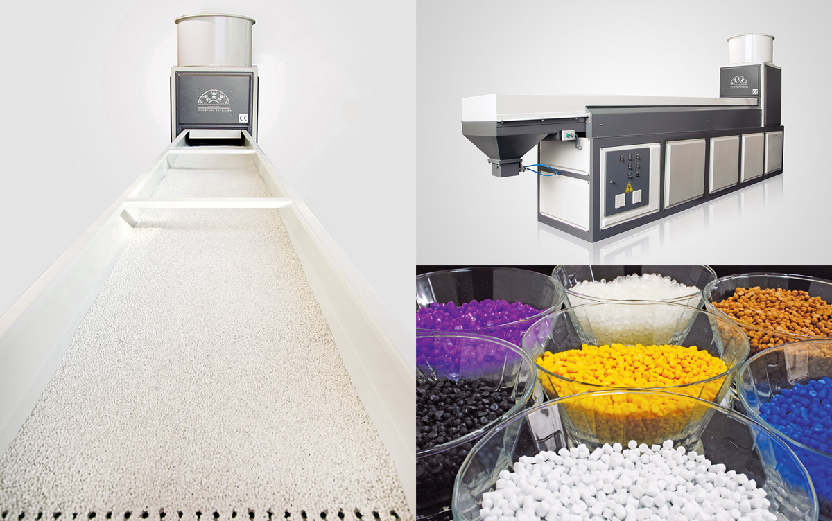 PLATEX XEB and XEC pellet cooling unit by Takımsan — air-blown vibrating sieve for PVC and WPC pellet cooling after granulation